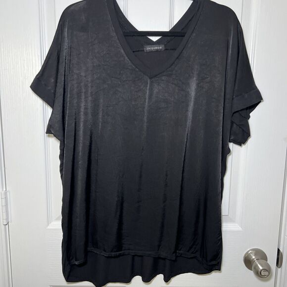 Jacqueline B Batwing Short Sleeve Silk Front Blouse M / L Black Jersey Knit Back - Picture 1 of 7